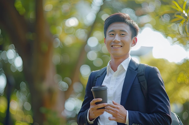 Asian Businessman with EcoFriendly Cup and Mobile in Park