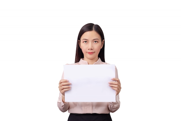 Asian businesswoman holding blank white placard board paper sign with empty copy space isolated 