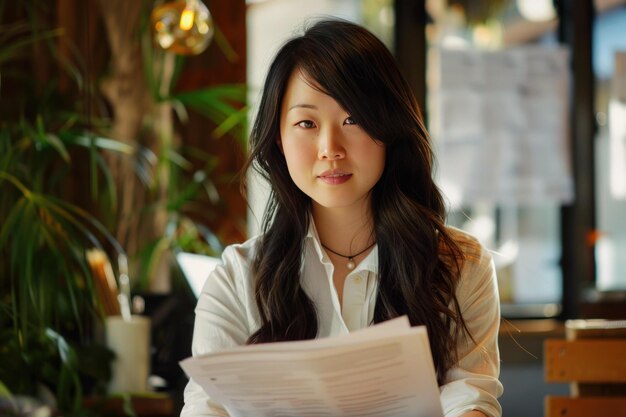 Asian businesswoman reviews paperwork with focused expression at a cafe