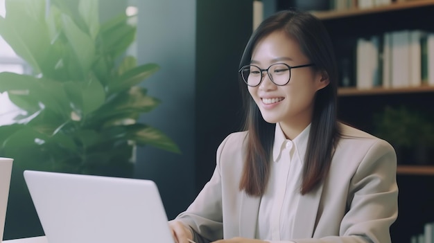 Asian businesswoman sitting at the desk in front of her laptop working in the morning