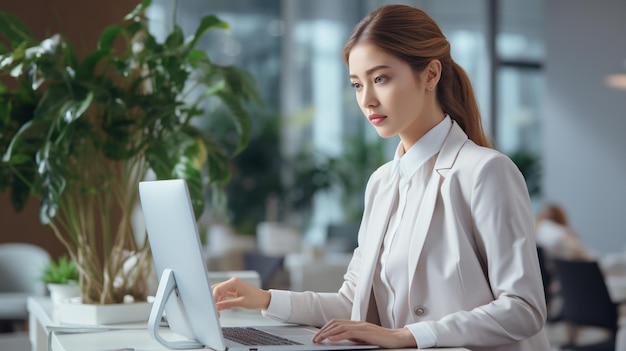 Asian caucasian female secretary at workplace ai generated image wallpaper