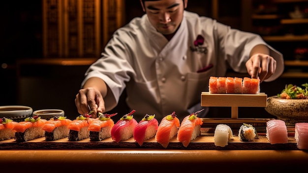 Asian chef hands preparing sushi japanese food japanese chef making sushi at restaurant young chef s