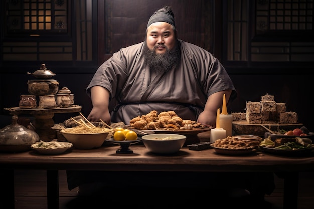 An Asian chef in traditional clothing at a table with dishes of Eastern cuisine smiling at the camera