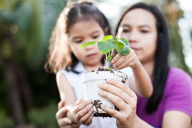 asian child girl and parent holding young tree in pot together