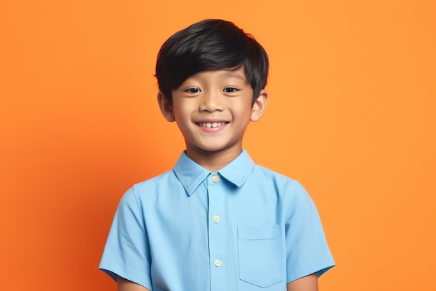 Asian child on orange studio background cute boy portrait generative AI