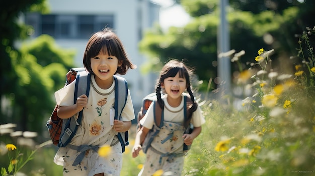 asian children couple going to school happy kids first day class smiling to camera with copy space