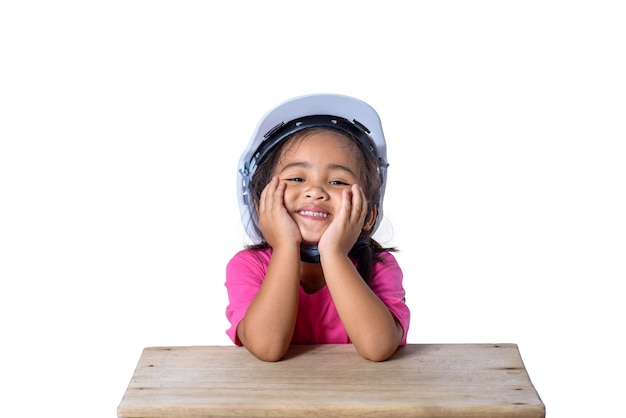 Asian children wearing safety helmet and smiling isolated on white 