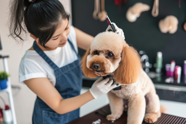 Photo asian chinese female pet groomer with apron grooming a brown color toy poodle dog