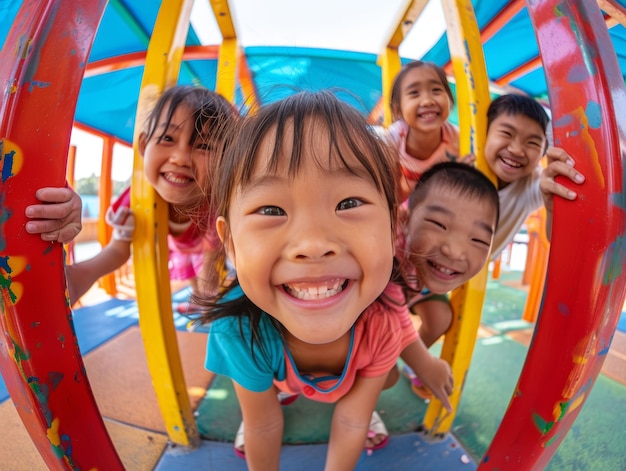 Asian Chinese Vietnamese and Thai children playing and being happy together in a nice playground