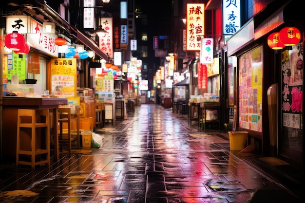 an asian city street at night with neon signs