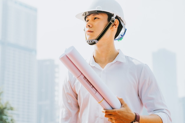 Asian construction engineers are doing experimental tests at the site