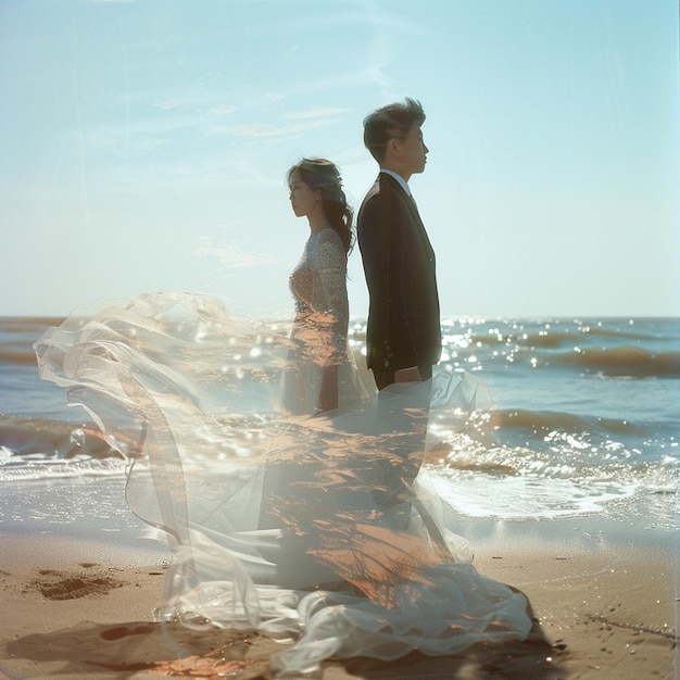 Photo an asian couple wearing a wedding dress and suit