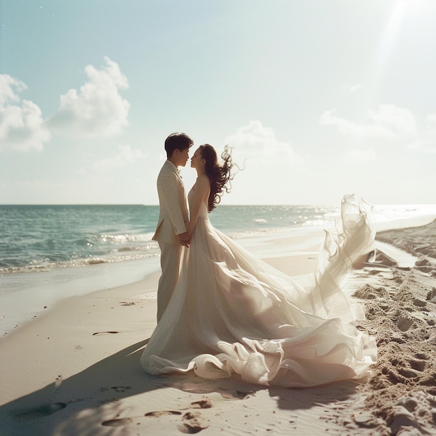 Photo an asian couple wearing a wedding dress and suit