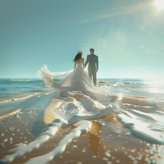 Photo an asian couple wearing a wedding dress and suit