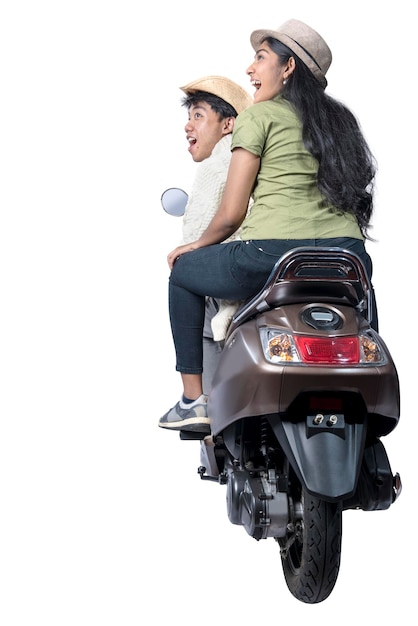 Asian couple with a hat sitting on a scooter