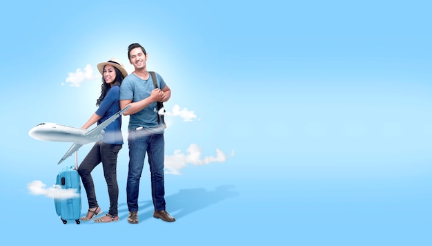 Asian couple with suitcase bag and backpack going traveling with airplane background