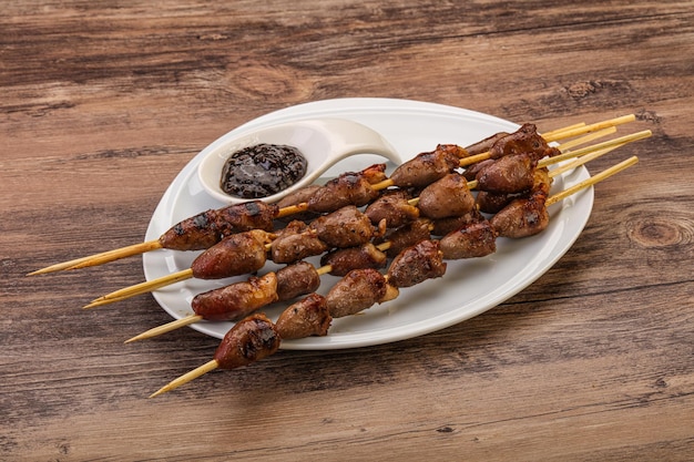 Asian cuisine chicken hearts skewer