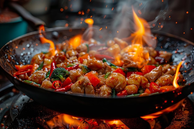 Asian cuisine Cooking with fire in wok pan