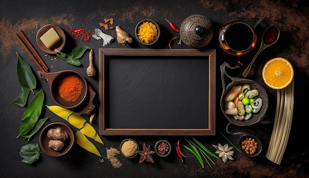 Asian cuisine ingredients food background for mockup presentation poster Wood and black background