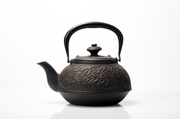 Asian cultural black cast iron teapot on white surface