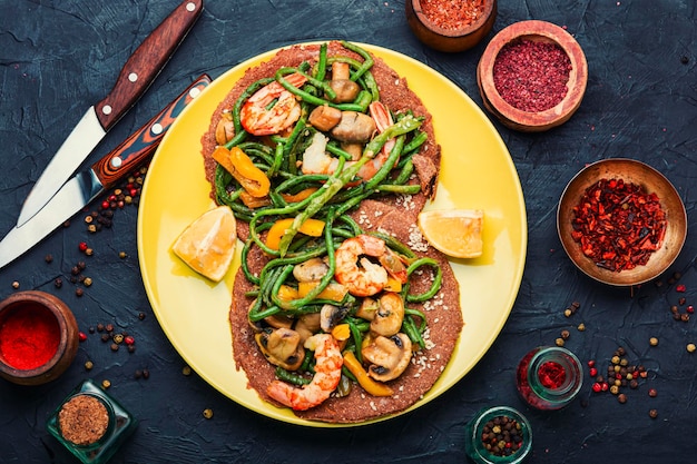 Asian delicious salad with shrimp asparagus beans and okra