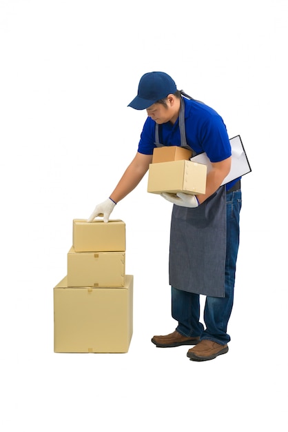 Asian delivery man working in blue shirt apron, protective gloves is checking or counting product on isolated