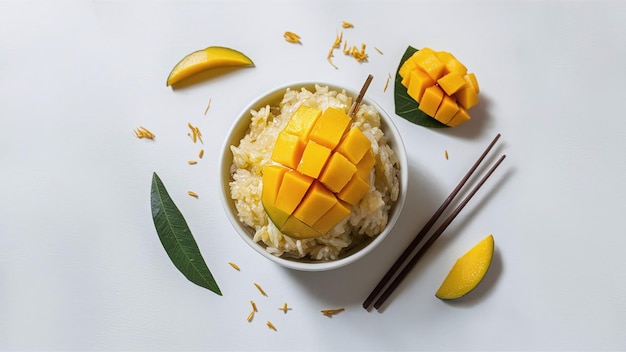 Photo asian dessert mango sticky rice isolated on white background