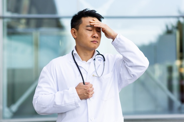 Asian doctor is tired after work, depressed and disappointed with the work done on the street near the clinic