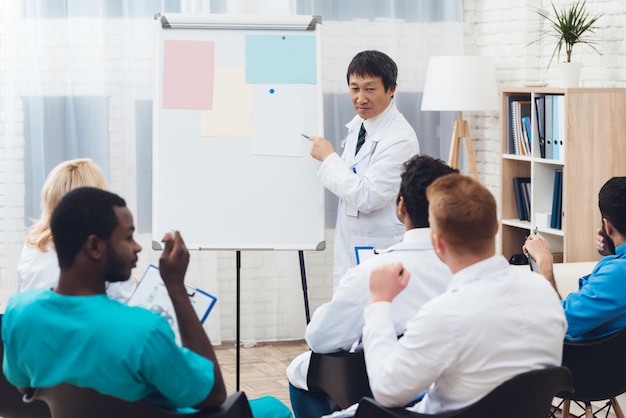 Photo asian doctor shares experience with colleagues.