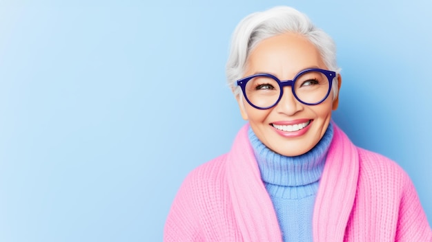 Asian elderly woman with grey hair and glasses wearing in knitted wear smiling