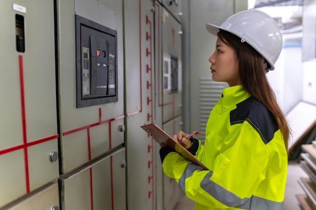 Asian electric engineer holding clipboard for checking and monitoring the electrical system in the control roomTechnician thailand people working