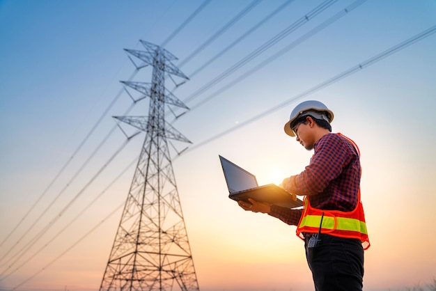 Asian electrical engineer checking position using notebook computer at power station for planning work production of highvoltage electric poles