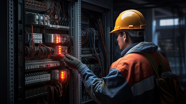 an Asian electrician adorned in overalls a helmet and gloves as they conduct maintenance or repairs in an electrical cabinet