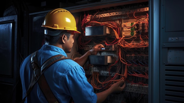 an Asian electrician adorned in overalls a helmet and gloves as they conduct maintenance or repairs in an electrical cabinet