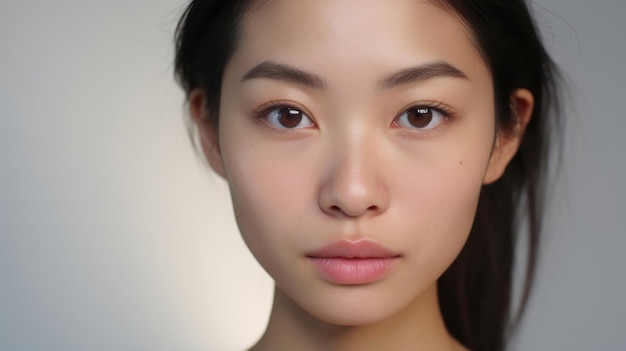 Asian Elegance Closeup of a Flawless Complexion Beautiful Woman Gazing at the Camera on a Studio White BackgroundxA