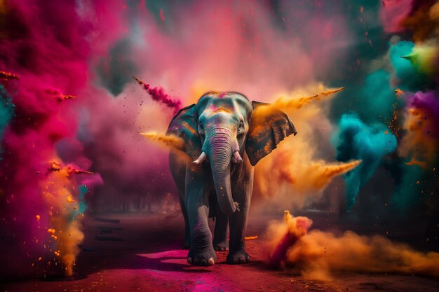 Asian elephant painted whole with many different colored powders for the holi celebration