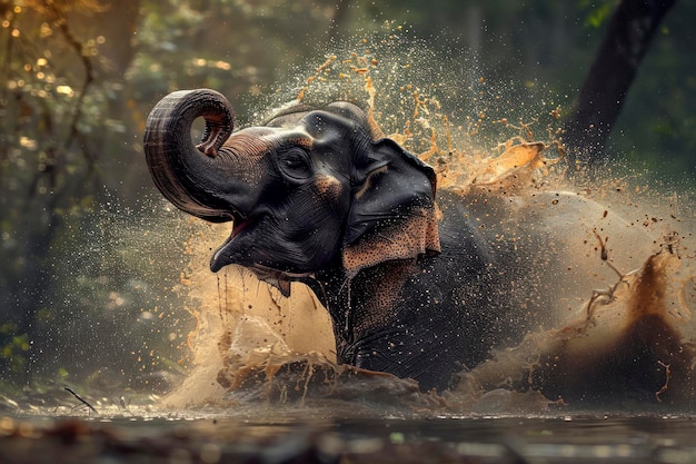 An Asian elephant splashes playfully in a muddy watering hole