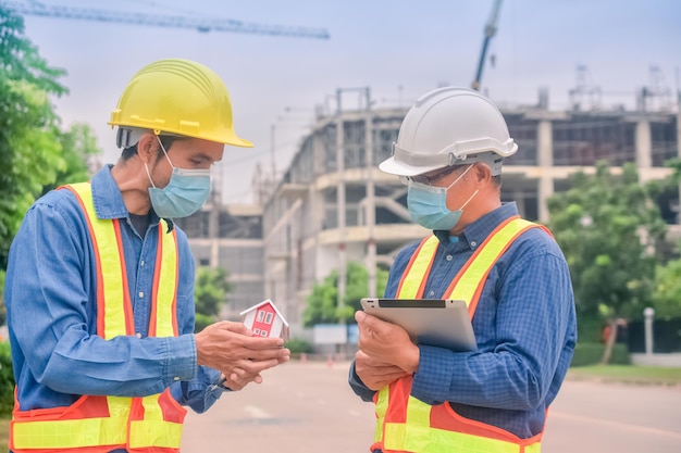 Asian engineer construction team checking work for control and management in the construction site or building site