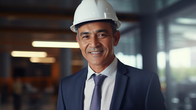 Asian engineer handsome man or architect looking construction with white safety helmet