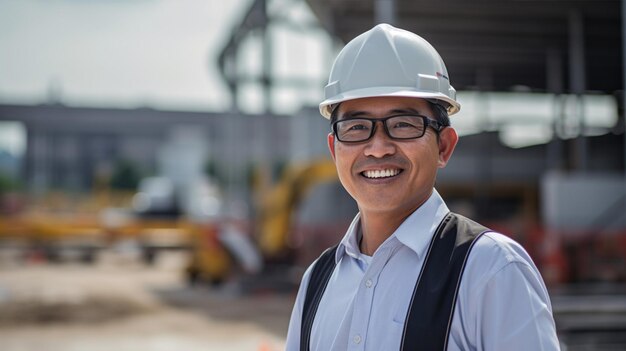 Asian engineer handsome man or architect looking forward with white safety helmet in construction