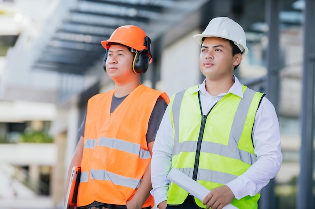 Asian engineer man standing wearing safety vest and helmet on building construction site background Engineering construction worker concept