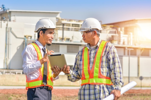 Asian Engineer teamwork construction on site outdoor