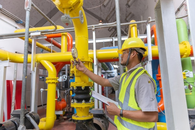 Asian engineer wearing glasses working in the boiler roommaintenance checking technical data of heating system equipmentThailand people