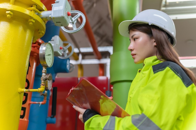 Asian engineer wearing glasses working in the boiler roommaintenance checking technical data of heating system equipmentThailand people