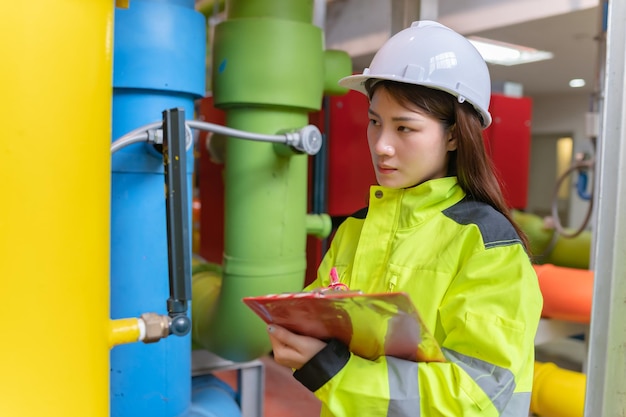 Asian engineer wearing glasses working in the boiler roommaintenance checking technical data of heating system equipmentThailand people