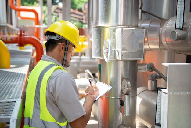 Asian engineer wearing glasses working in the boiler roommaintenance checking technical data of heating system equipmentThailand people