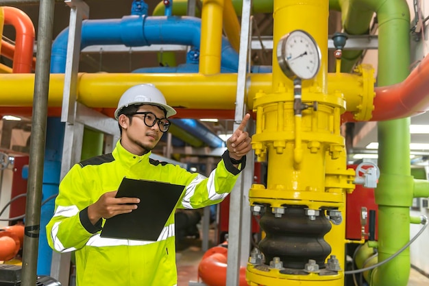 Asian engineer wearing glasses working in the boiler roommaintenance checking technical data of heating system equipmentThailand people