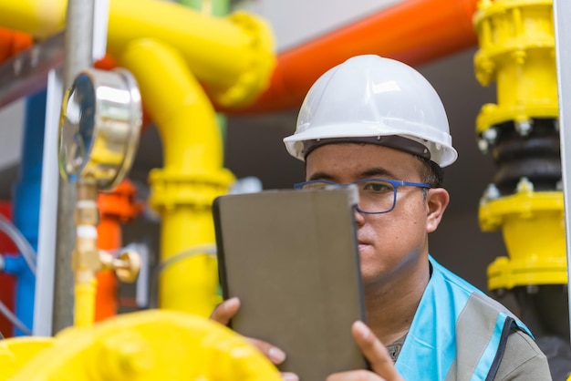 Asian engineer wearing glasses working in the boiler roommaintenance checking technical data of heating system equipmentThailand people