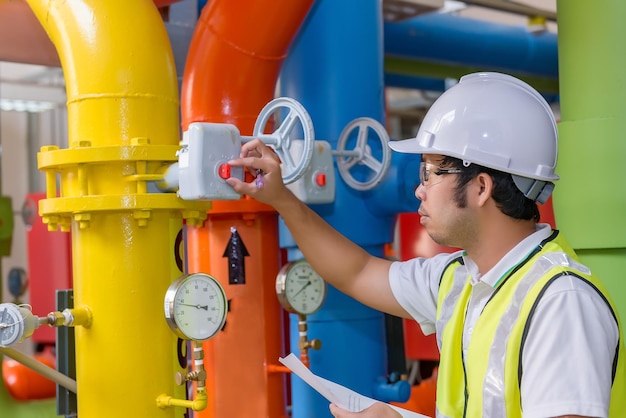 Asian engineer wearing glasses working in the boiler roommaintenance checking technical data of heating system equipmentThailand people