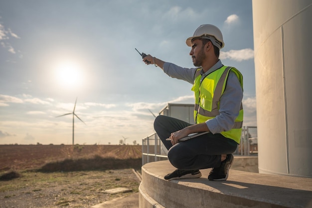 Asian engineer working in fieldwork outdoor Worker sitting and inspect construction and machine around project site Wind turbine electrical of clean resource energy and environment sustainable